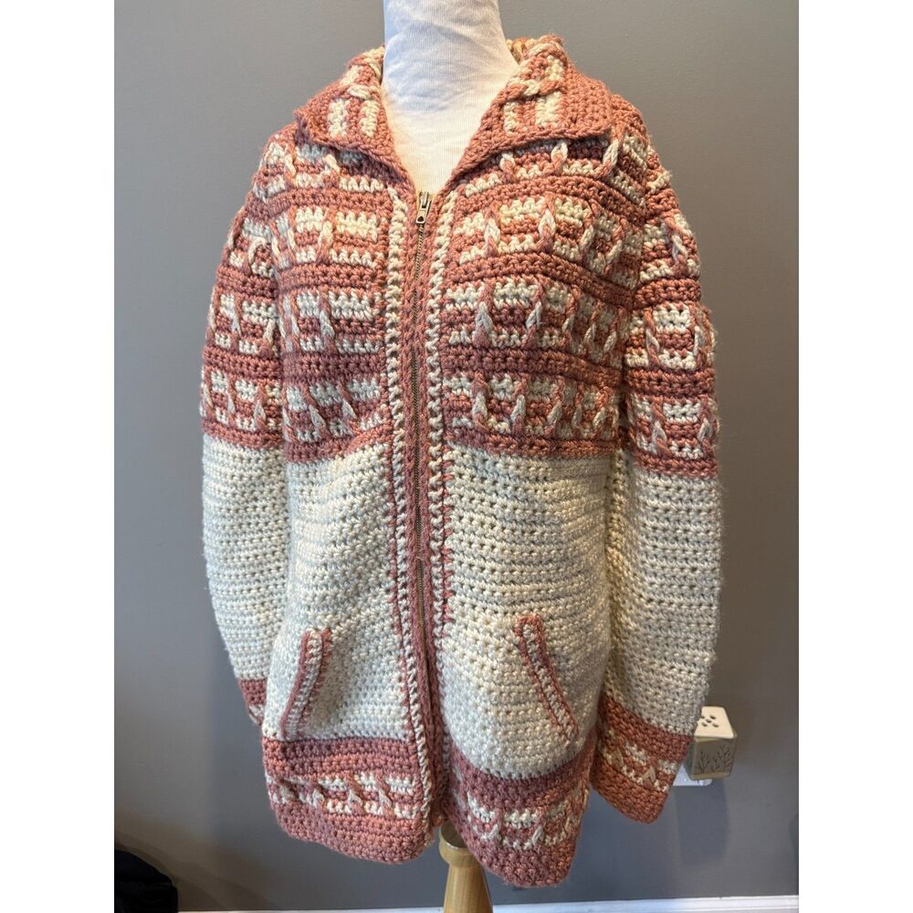 large Pink & cream crochet zip jacket hand made